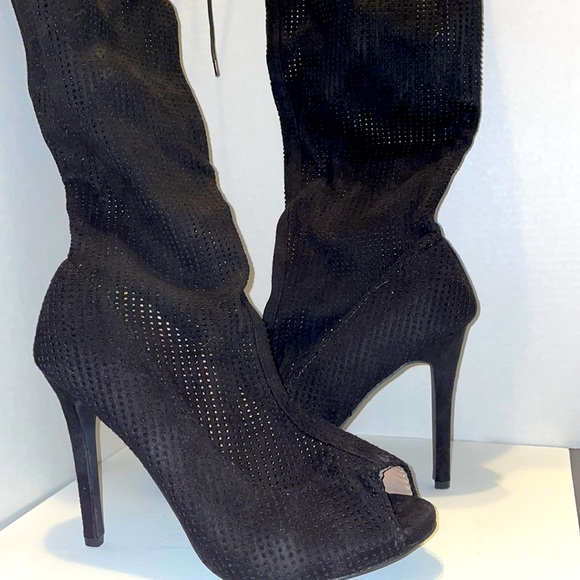 Shoes - Thigh High open toe Mesh pattern cut Leather boots